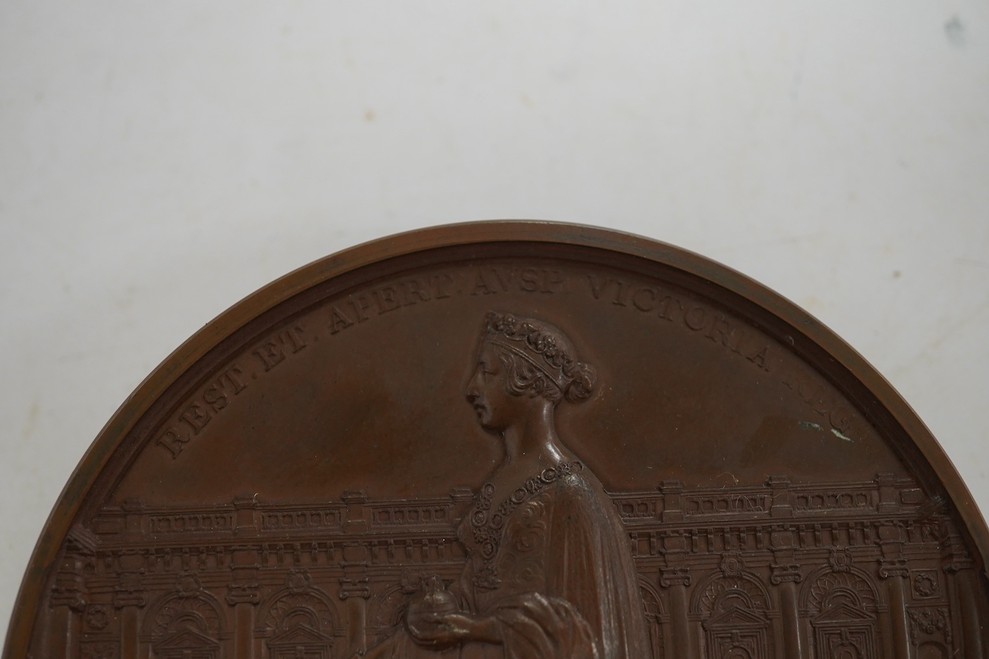 Victoria medals, Opening of the New Royal Exchange, 1844, a copper medal by W. Wyon, bust of Thomas Gresham left, rev. statue of Victoria in front of elevation of the Exchange, 73mm, BHM 2185, spotting otherwise EF, in f